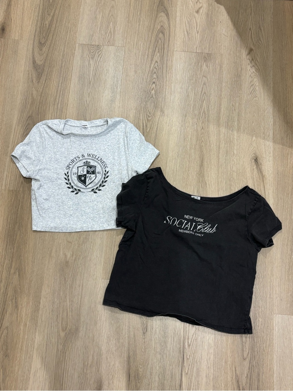 2/$30 Garage Black and Light Gray Graphic Crop Tee Duo